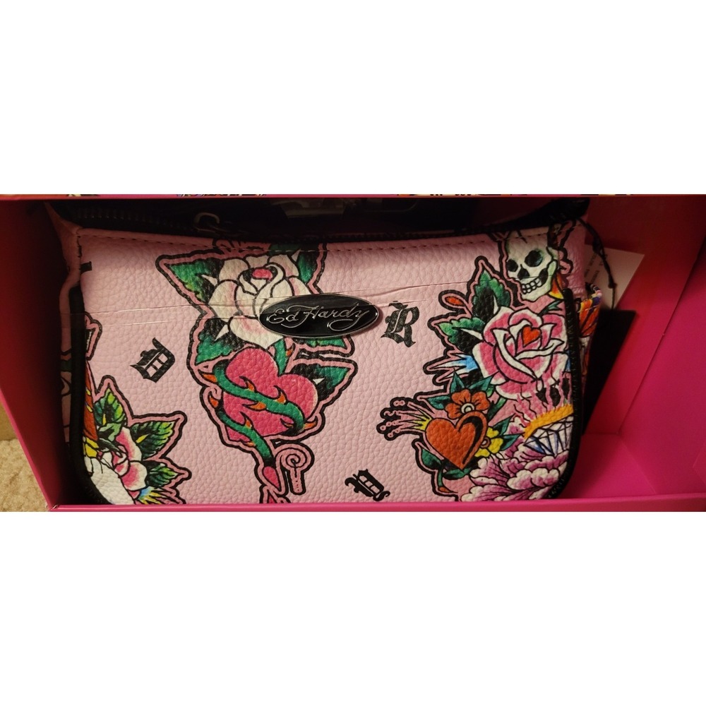 Ed Hardy Gift Box Convertible Wristlet Skull Floral Pink. NO KEY RING!! - Picture 4 of 9